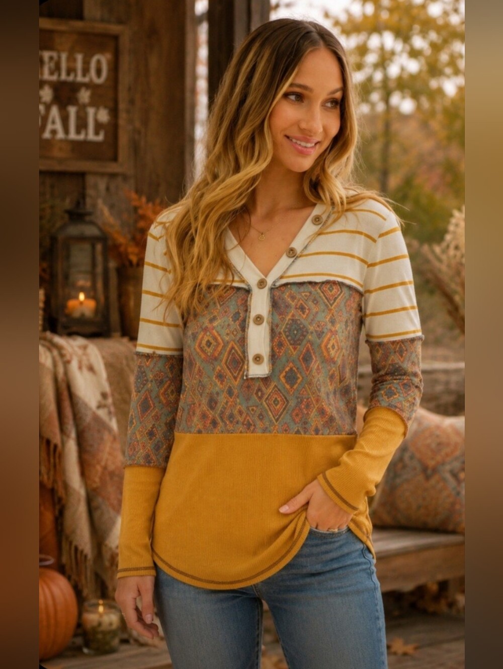KFAB Designs Cream Orange Gray Waffle Knit Henley Long Sleeve Top NWOT Medium